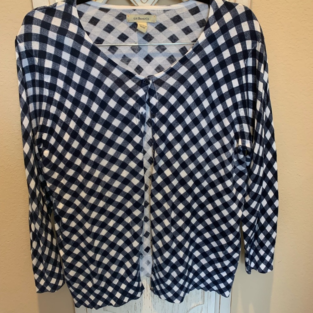 Navy white Buffalo check cardigan sweater